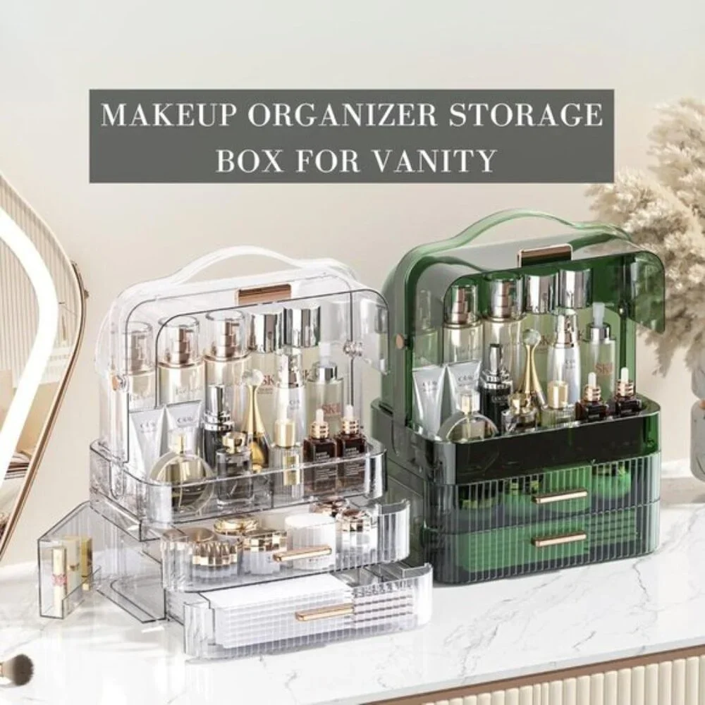 Clear Green Cosmetics Storage Box, Large Portable Waterproof Organizer with Lid